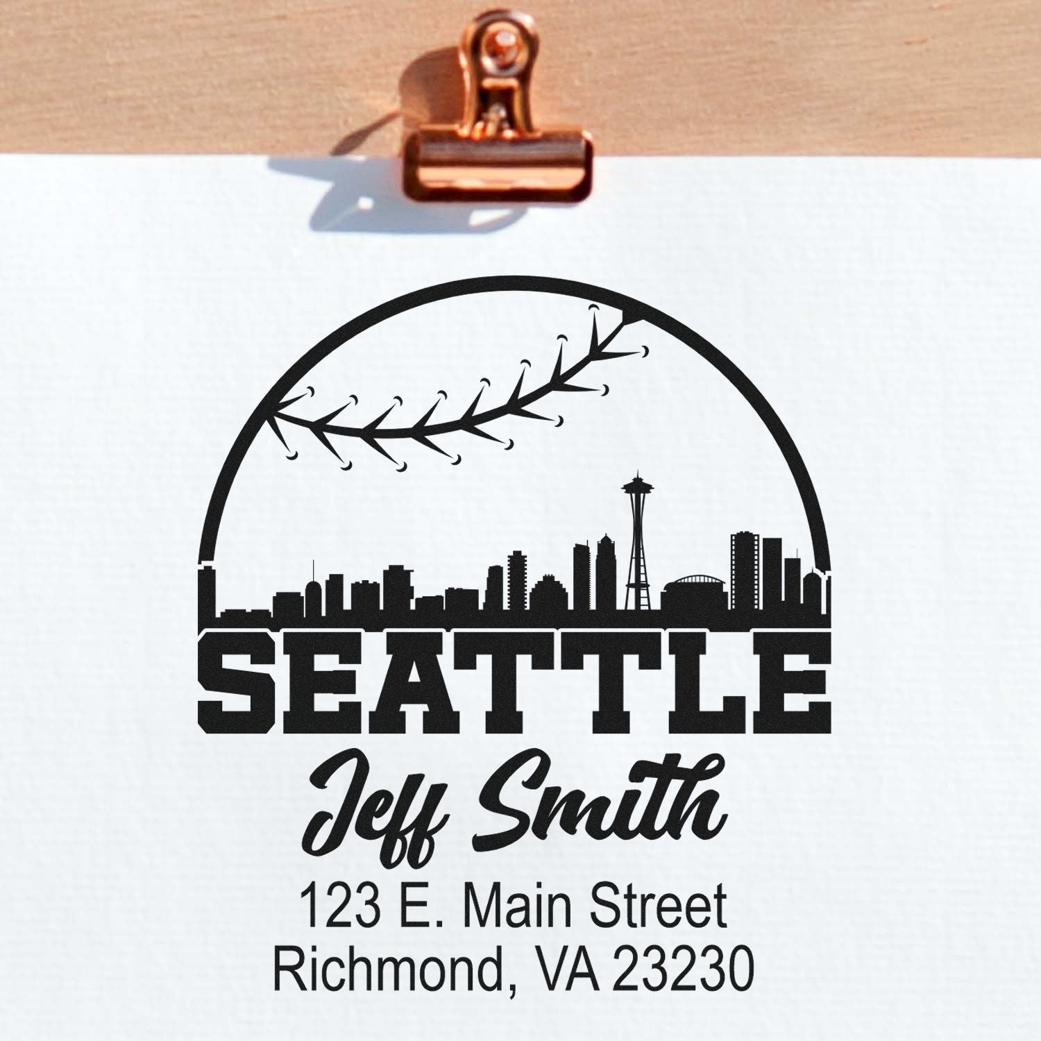 Custom Seattle return address rubber stamp for Jeff Smith with skyline design and Richmond, VA address.