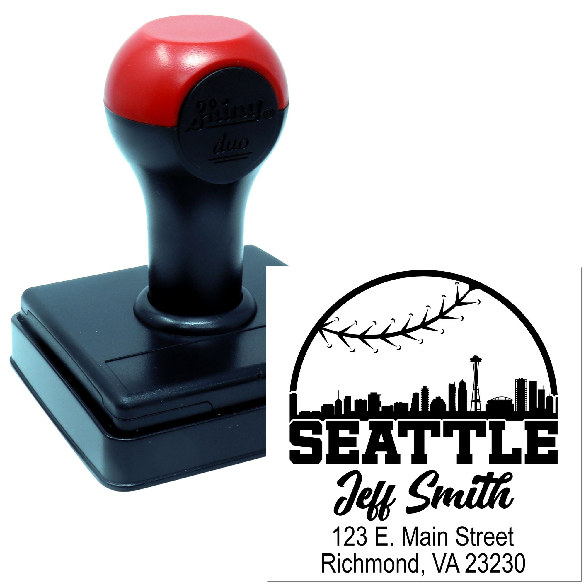 Custom self-inking Seattle return address rubber stamp with skyline design for personalized mailings.