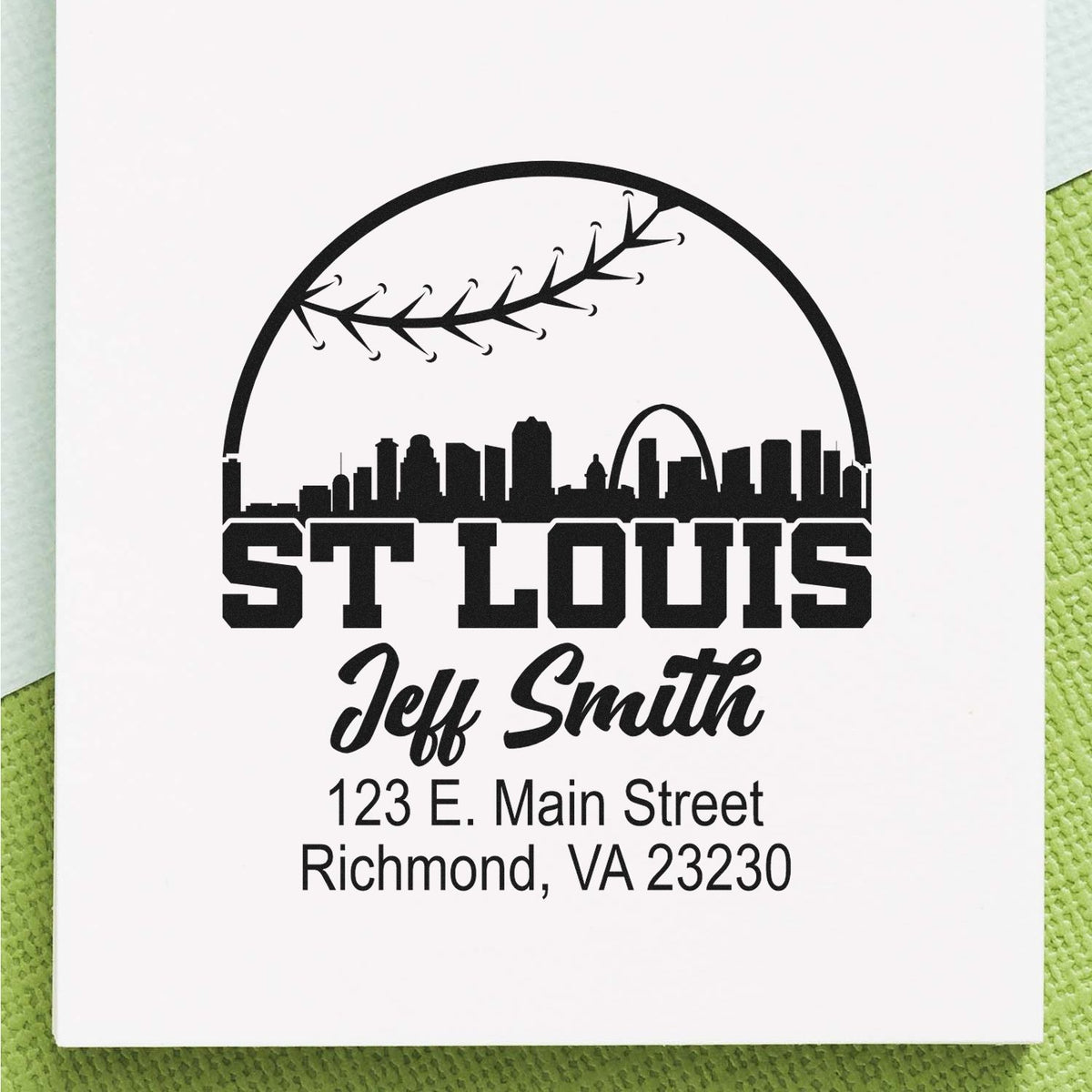 Custom St. Louis return address rubber stamp with skyline, Jeff Smith name, and mailing address.