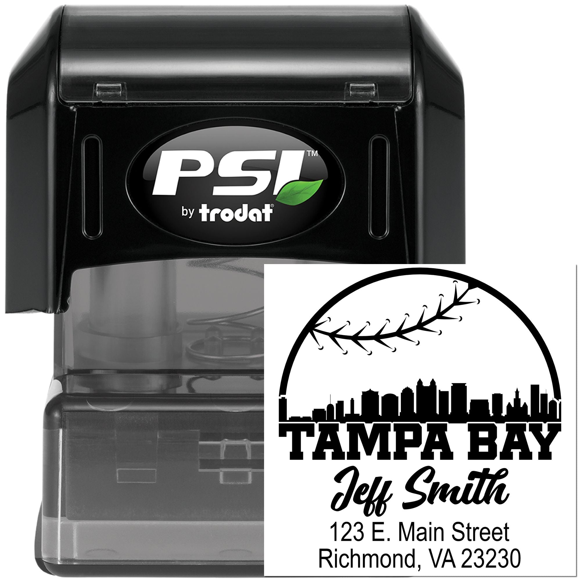 PSI by Trodat self-inking rubber stamp with custom Tampa Bay address design for business mailing and branding.