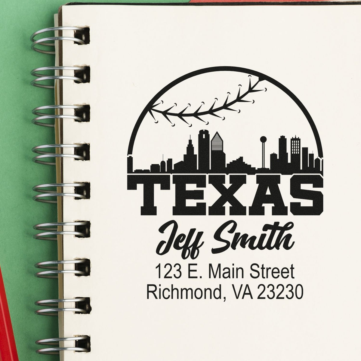 Personalized Texas return address rubber stamp with city skyline, name, and address for Jeff Smith.