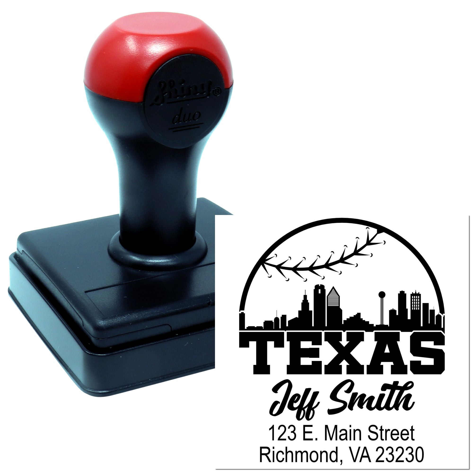 Custom Texas self-inking address rubber stamp with skyline design for Jeff Smith mailing and business use