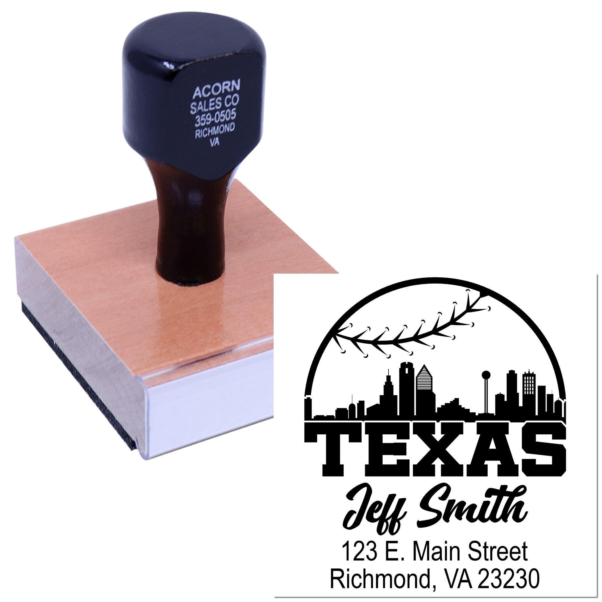 Custom Texas address rubber stamp with skyline logo, name, and business branding imprint for personalized mail and packaging.
