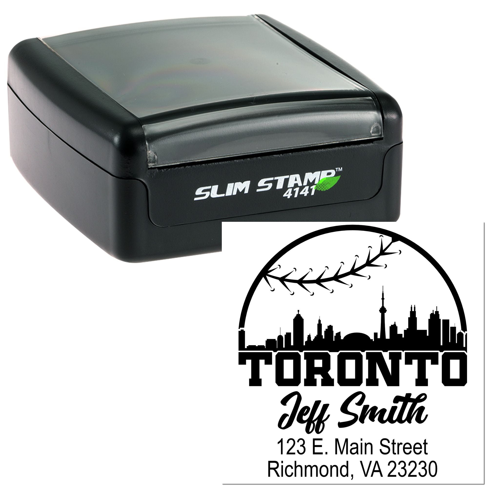 Slim Pre-Inked Toronto Baseball And City Silhouette Customizable Home Address Stamp