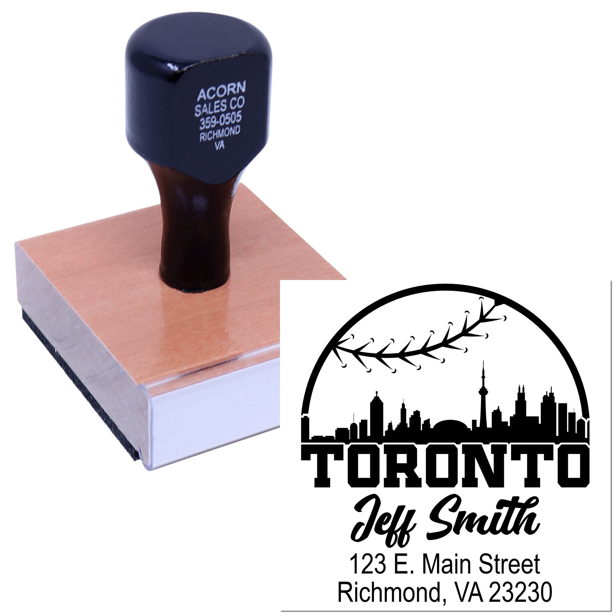 Toronto Baseball And City Silhouette Customizable Home Address Stamp with Wood Handle