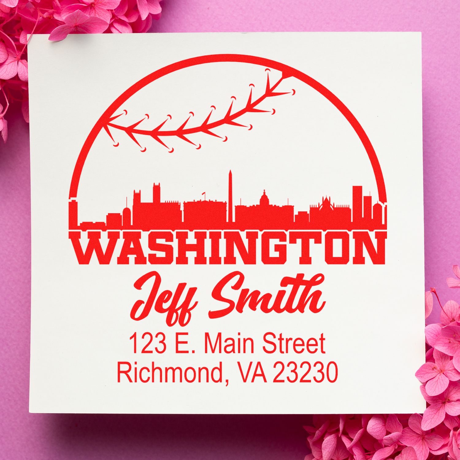 Personalized return address rubber stamp with Washington skyline, airplane motif, and Jeff Smith, Richmond, VA 23230.