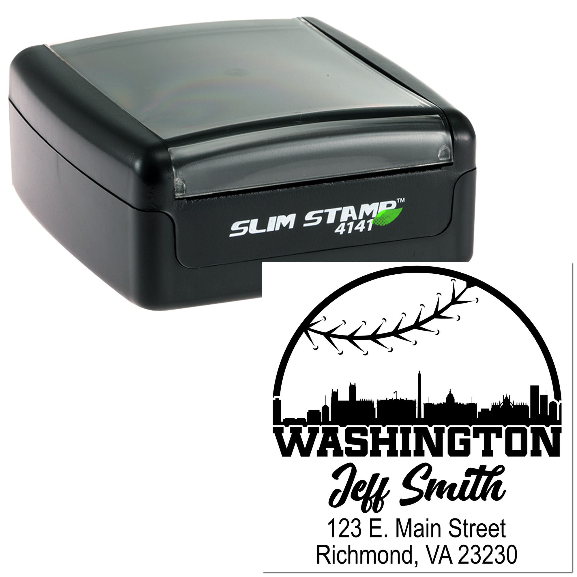 Custom self-inking rubber stamp with Washington skyline return address for Jeff Smith, Richmond, VA