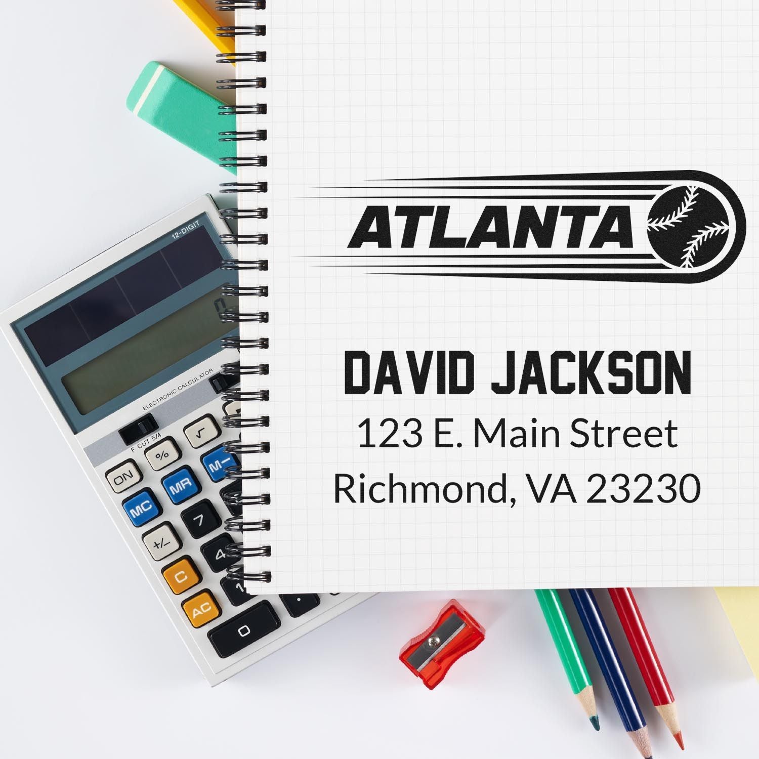 Custom Atlanta baseball address stamp for David Jackson with Richmond, VA return address