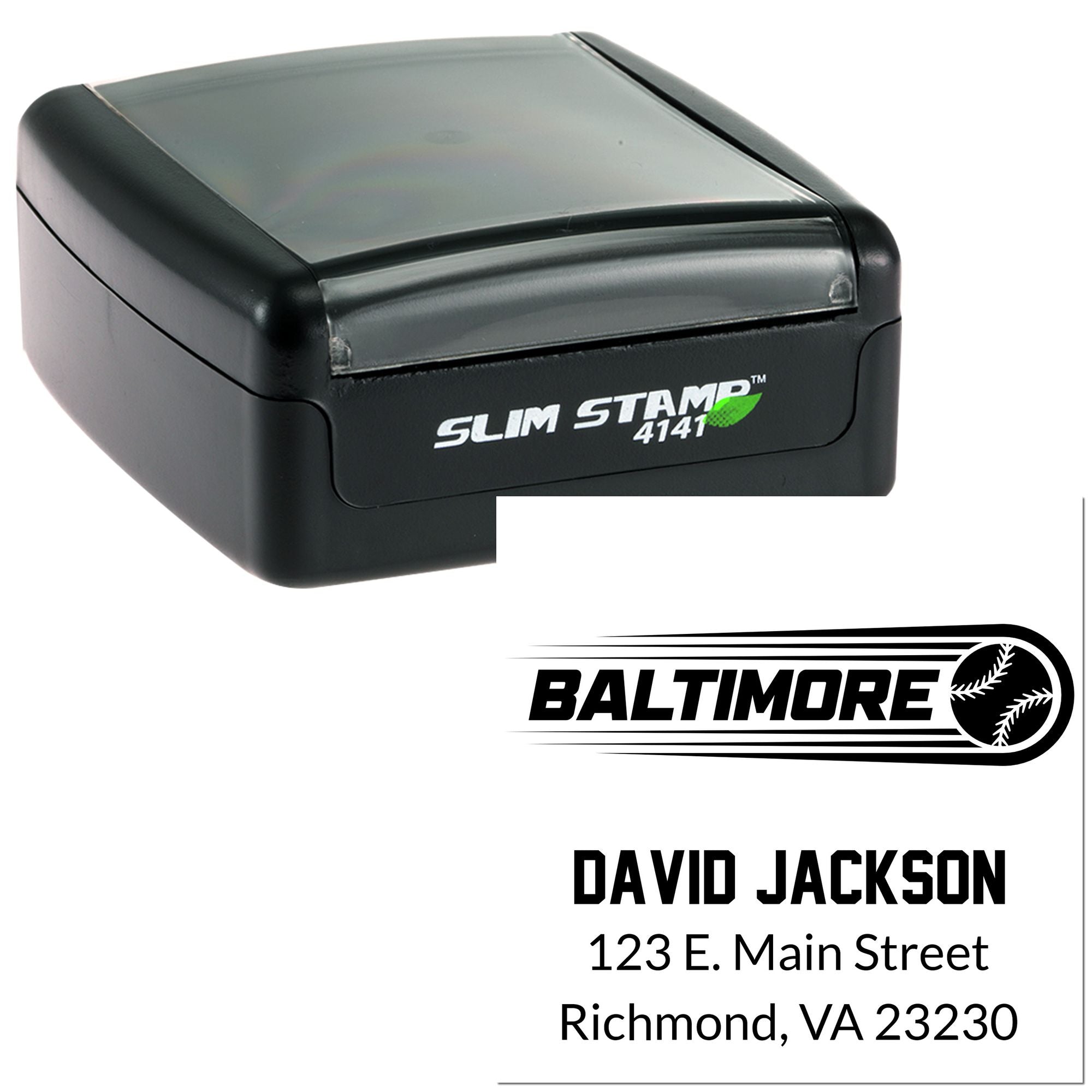 Custom self-inking rubber stamp with Baltimore logo, name, and address for business mailing.