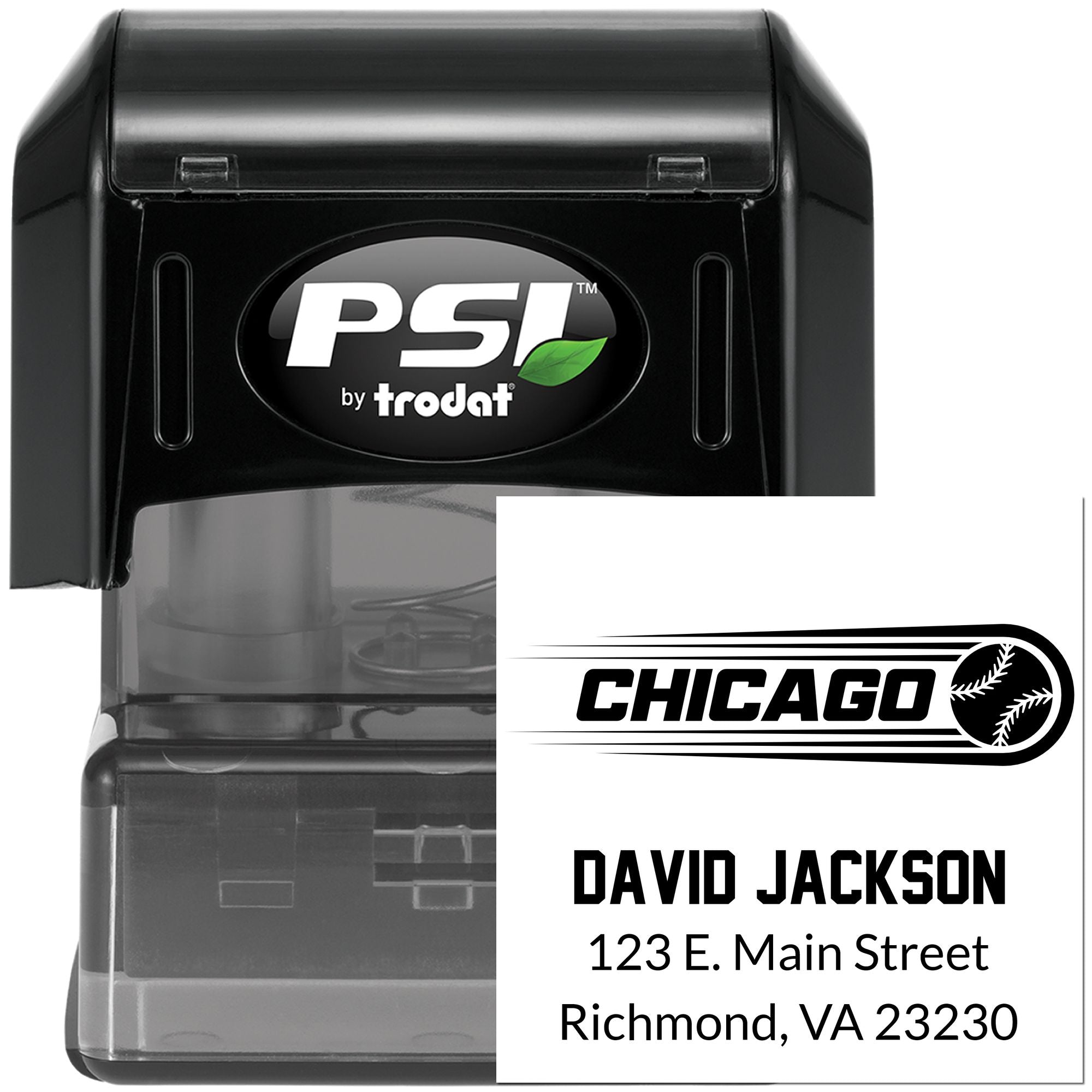 PSI by Trodat custom self-inking rubber stamp with Chicago baseball logo, David Jackson name, and address.