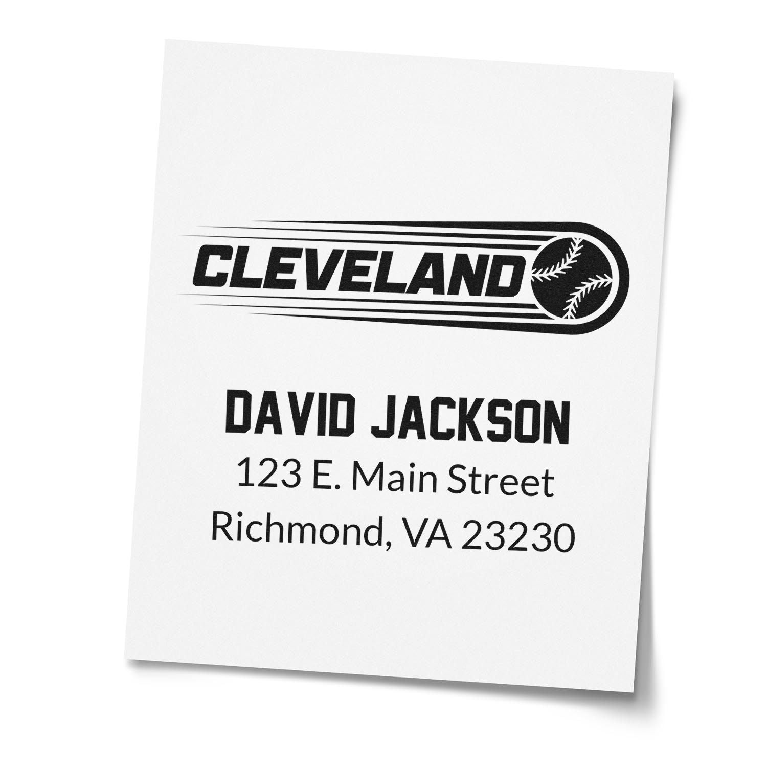 Custom Cleveland baseball return address rubber stamp for David Jackson, 123 E. Main Street, Richmond, VA 23230.