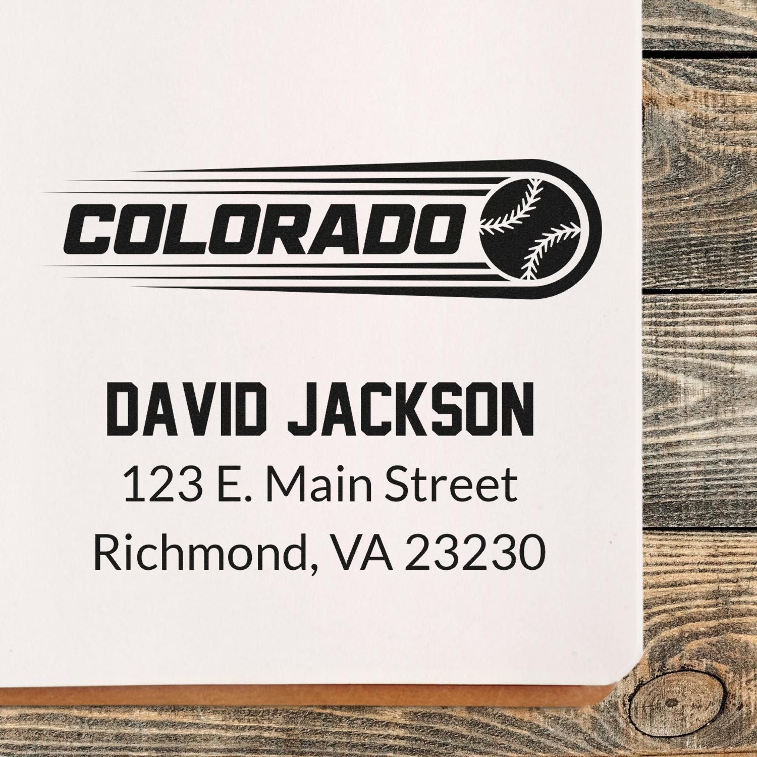Custom Colorado baseball address rubber stamp with name David Jackson and Richmond, VA return address.
