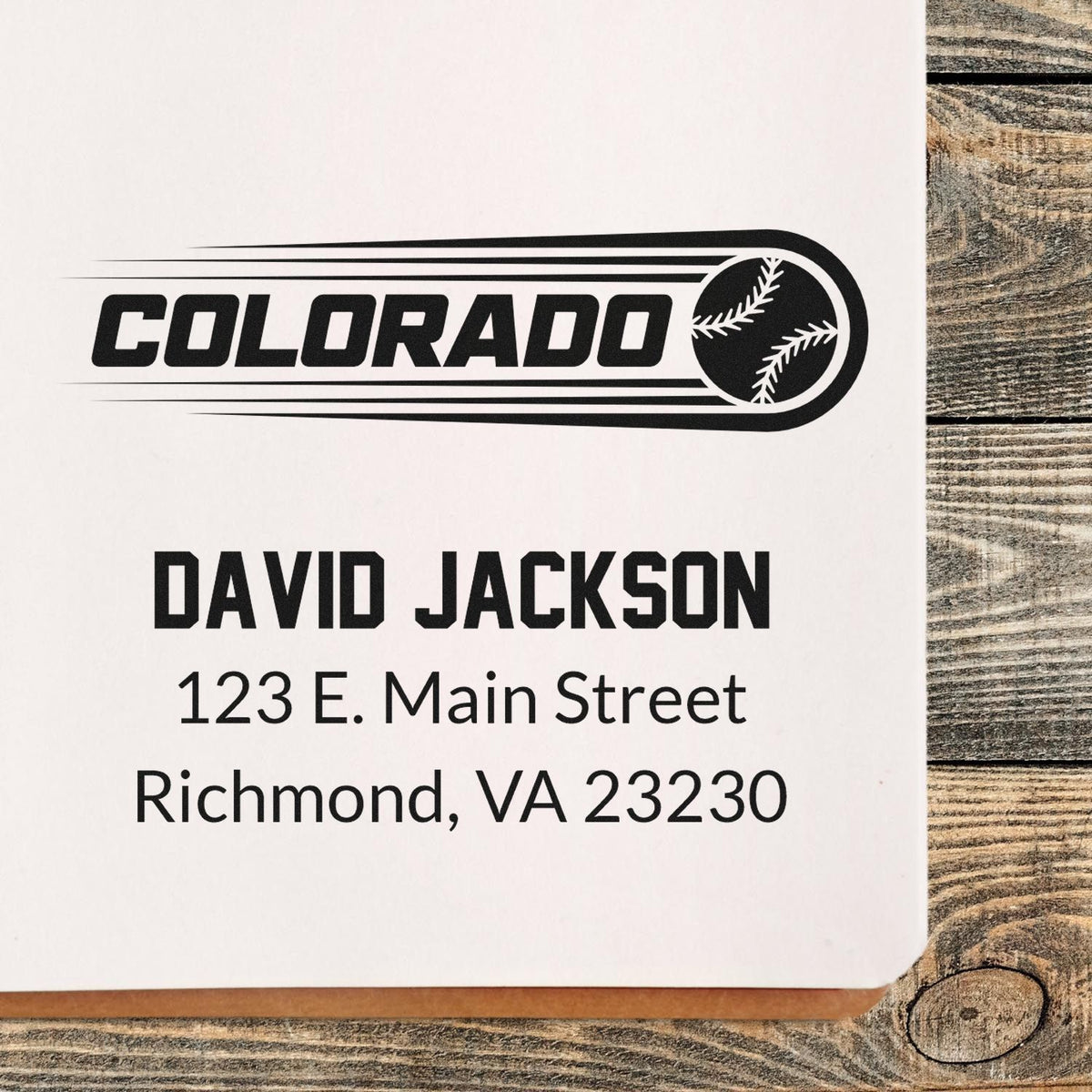 Custom Colorado baseball return address rubber stamp with name, street, and city ZIP for mailing envelopes.