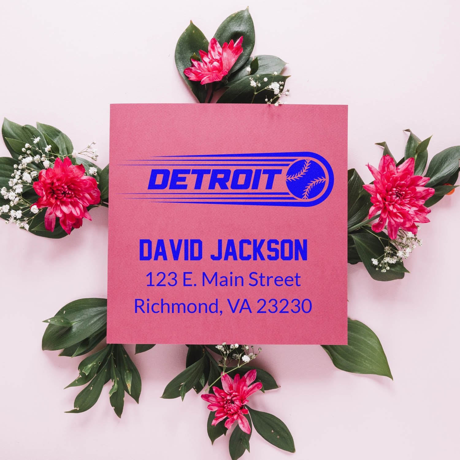 Personalized return address rubber stamp with Detroit baseball logo, name, and mailing address for business mail.