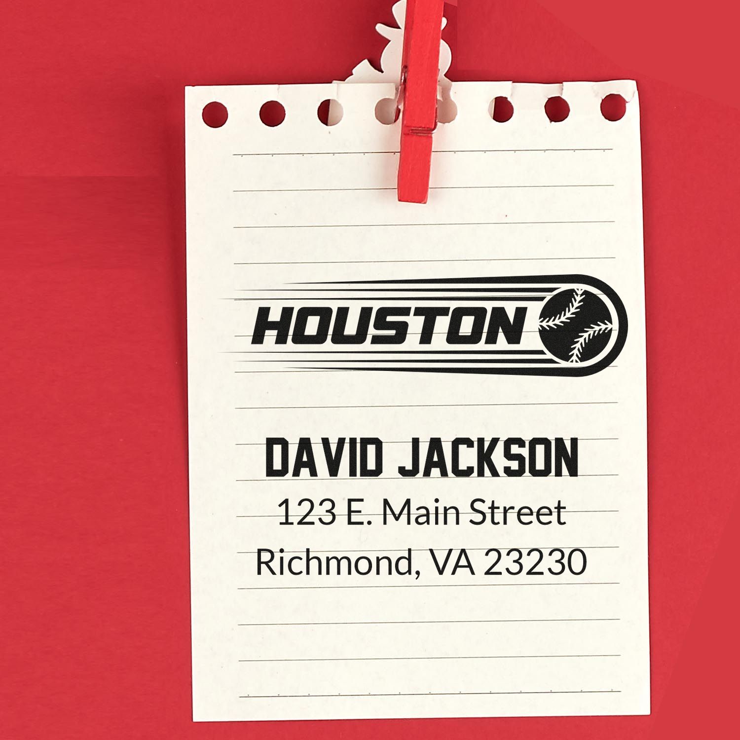 Custom Houston baseball return address rubber stamp with name and address for personalized mailings.
