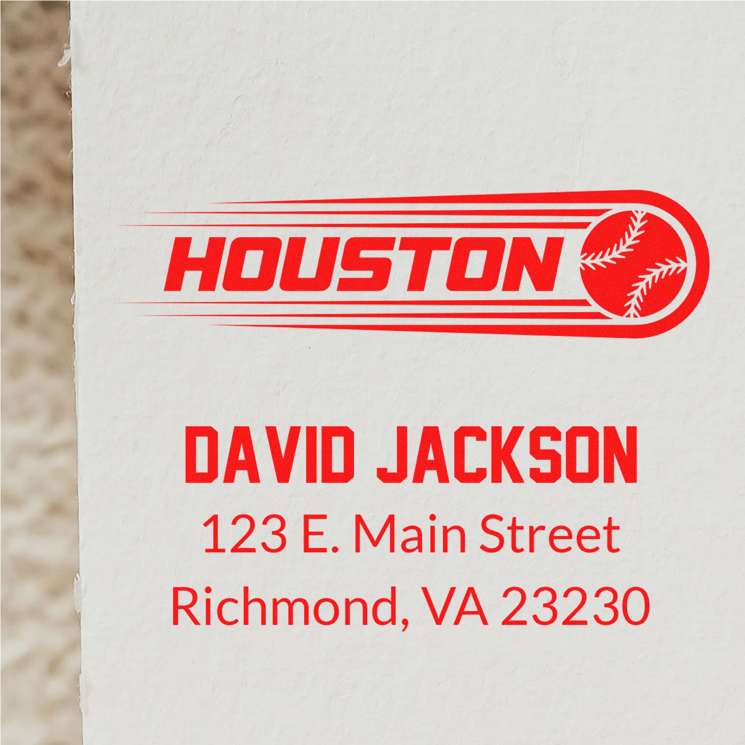 Custom Houston baseball return address rubber stamp for David Jackson, 123 E. Main Street, Richmond, VA 23230