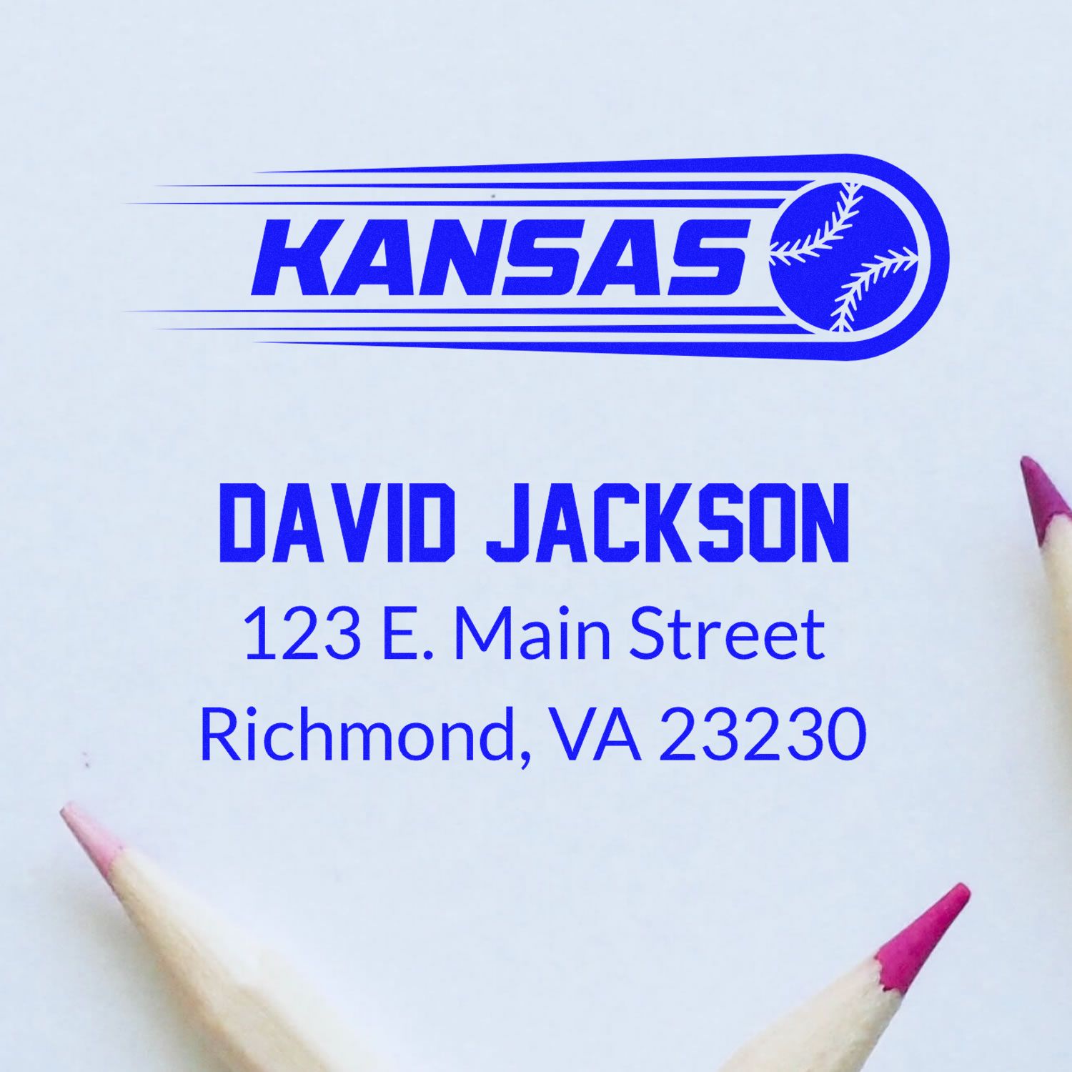 Custom baseball address stamp for David Jackson, Richmond, VA 23230 with Kansas team logo.
