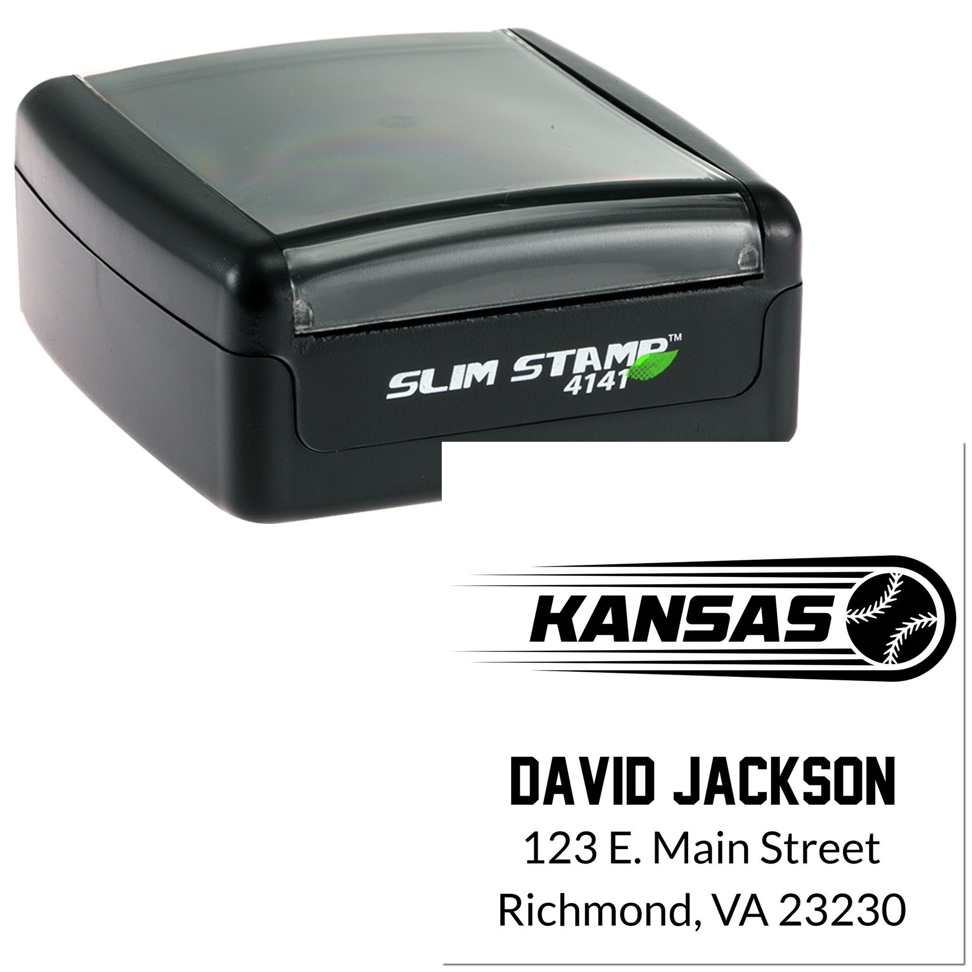 Custom self-inking rubber address stamp with Kansas logo, David Jackson name, and Richmond, VA return address.