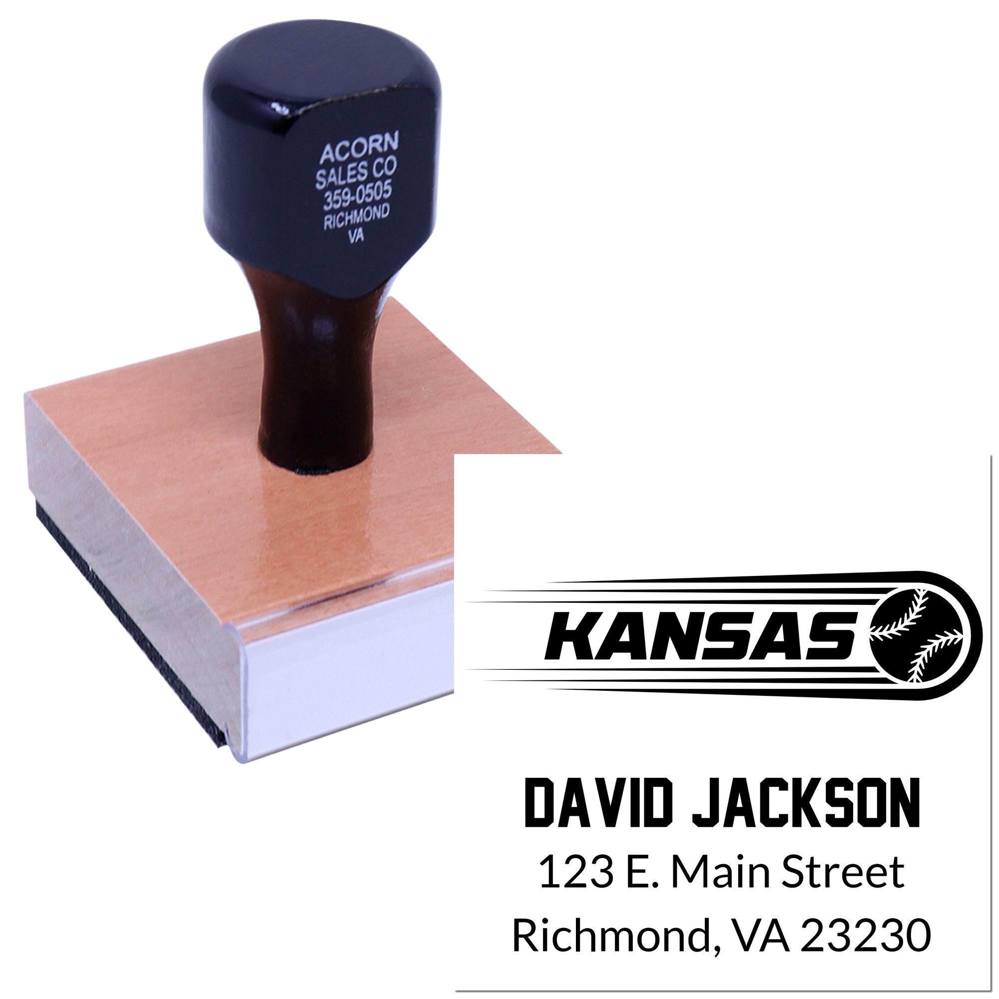 Custom return address rubber stamp with Kansas baseball logo for David Jackson, 123 E. Main Street, Richmond VA 23230.