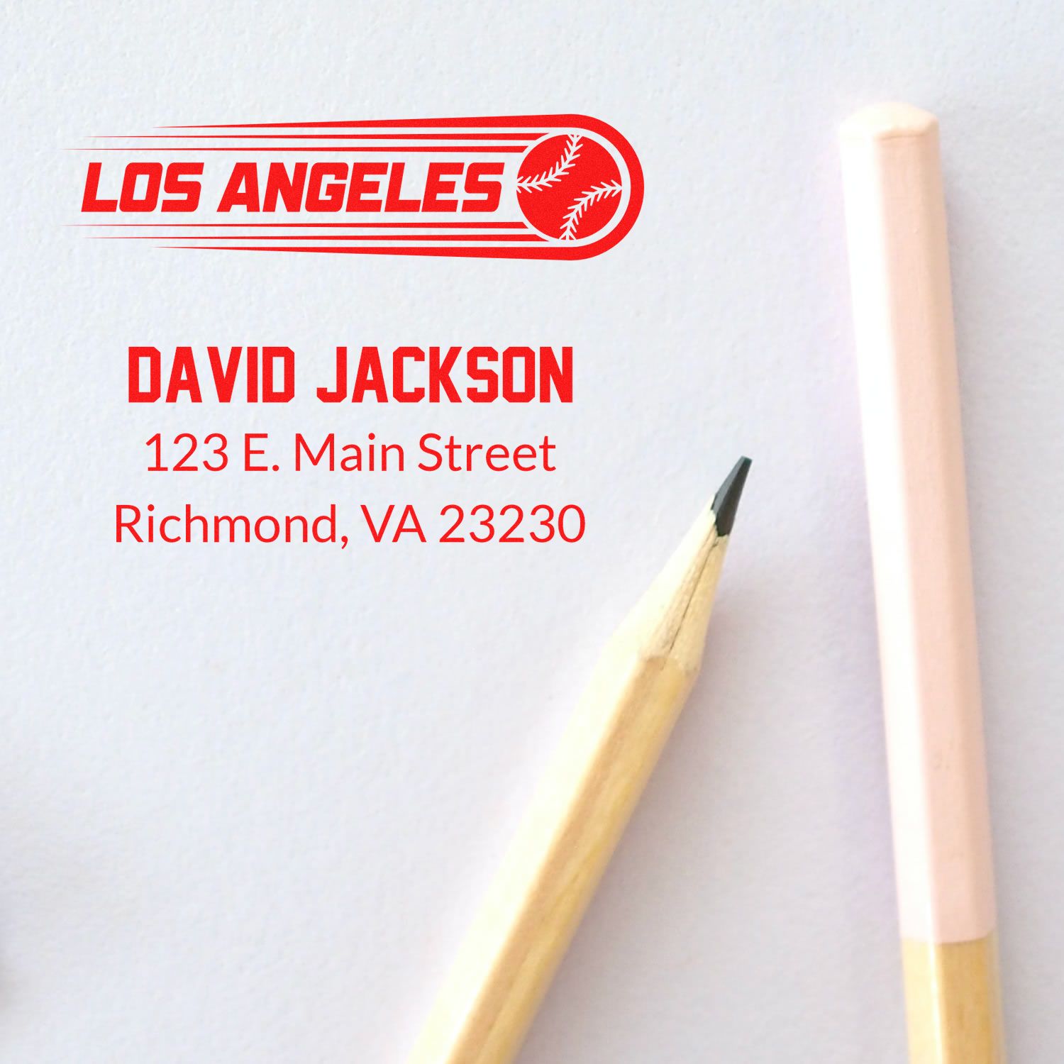 Custom baseball rubber stamp with Los Angeles logo, David Jackson name, and Richmond, VA address.