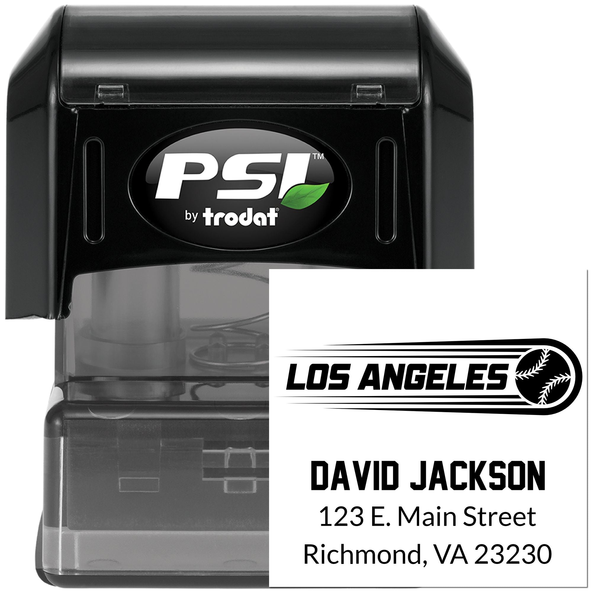 PSI by Trodat self-inking rubber stamp with custom baseball return address stamp for David Jackson, Richmond, VA.