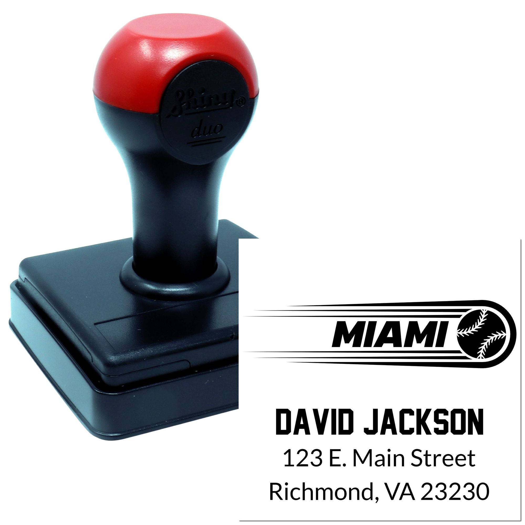 Custom self-inking rubber stamp with Miami baseball logo, name, and address for mailing and branding.
