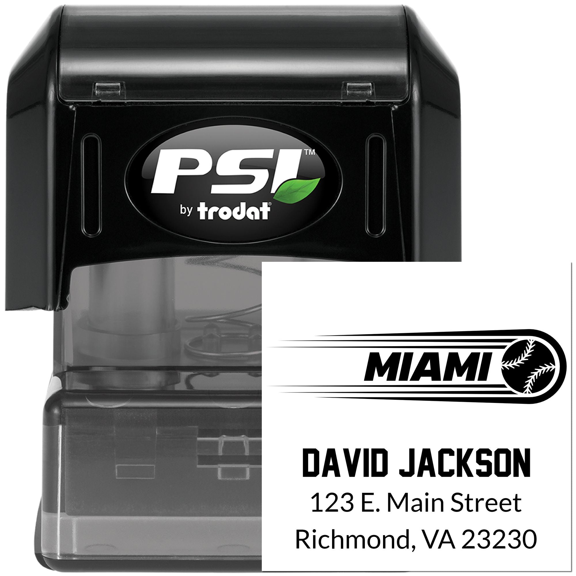 Personalized self-inking rubber address stamp with Miami baseball logo, David Jackson name, and Richmond, VA address.