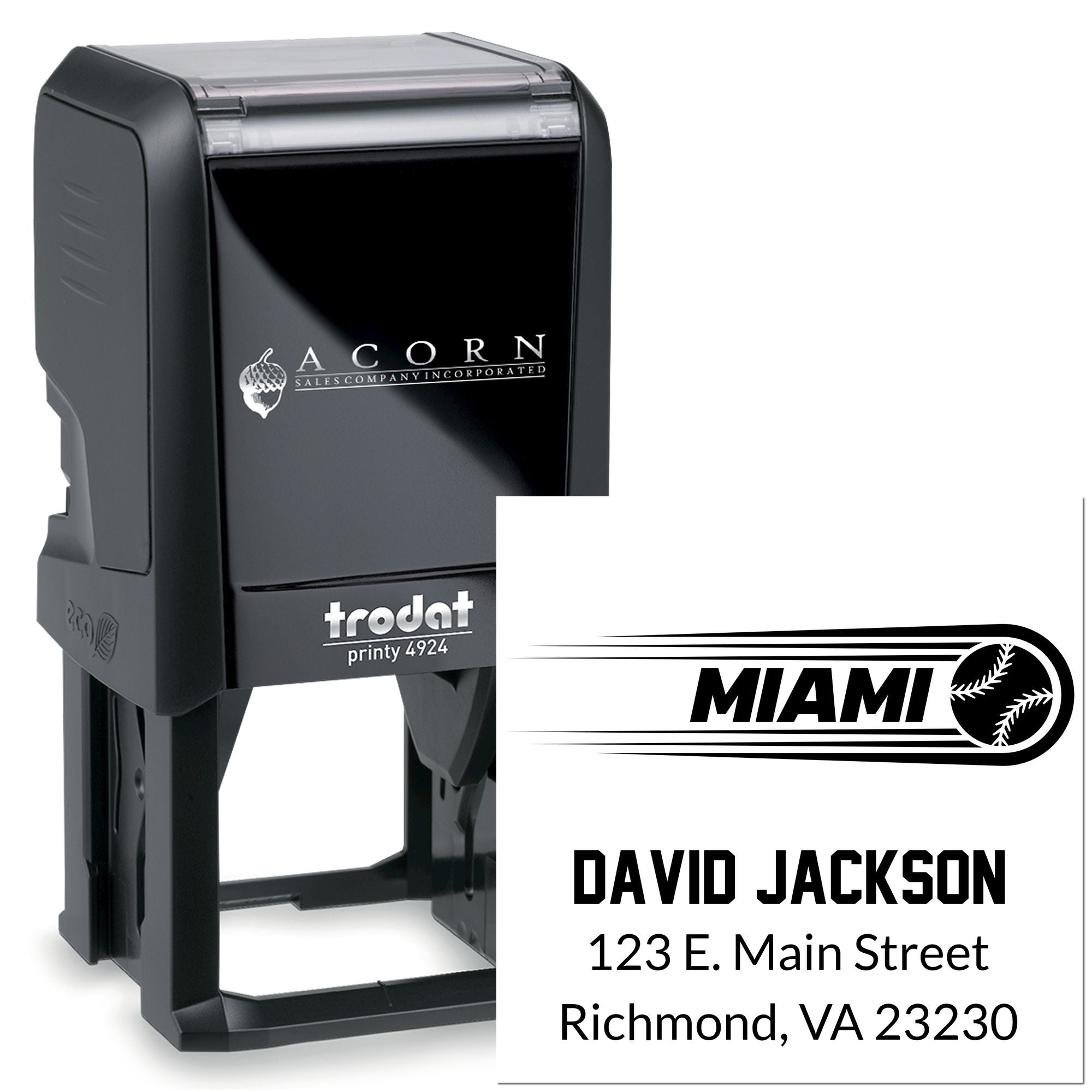 Personalized self-inking address stamp with baseball logo, name, and Richmond, VA return address for custom mailing.