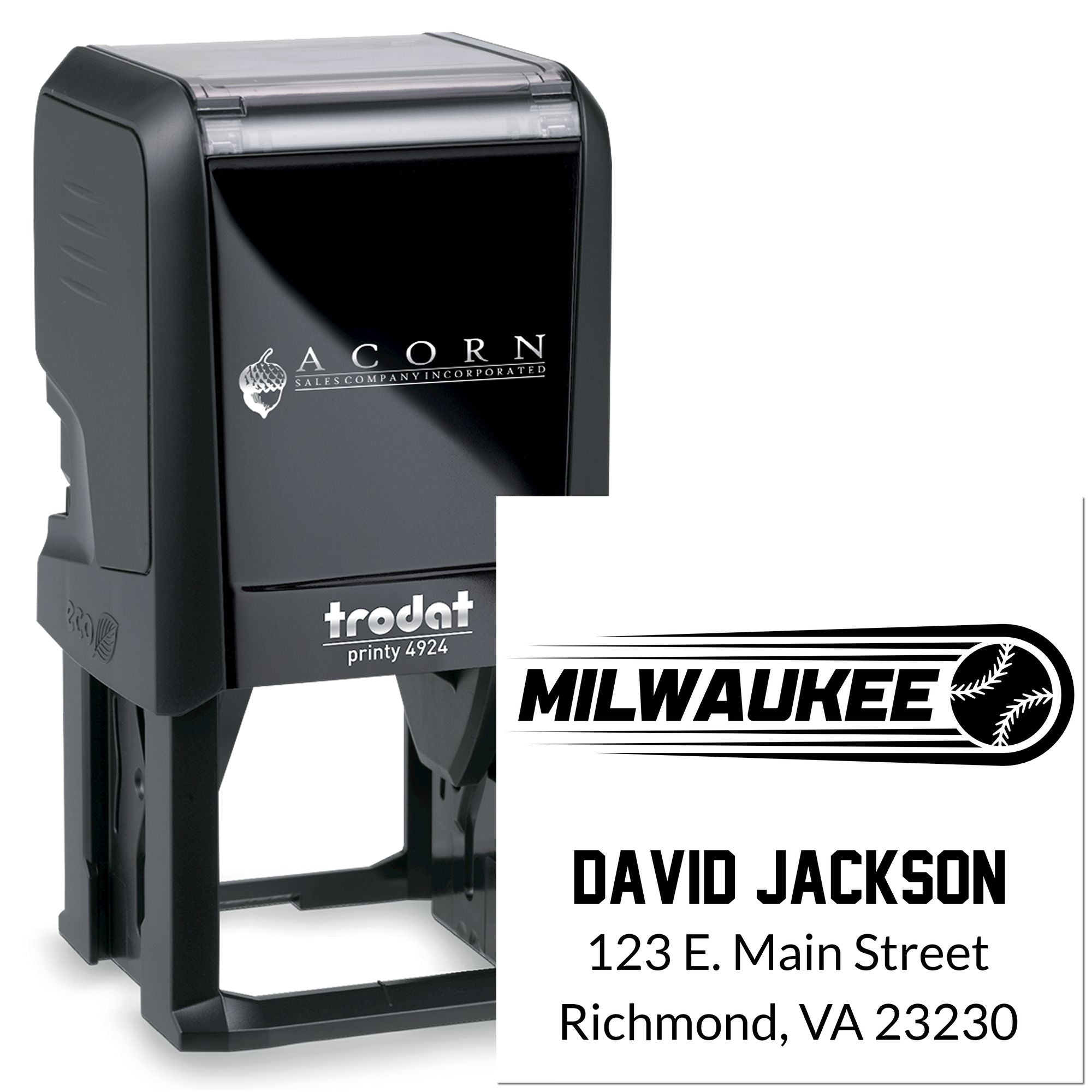 Custom self-inking rubber stamp with logo, name and address, Trodat Printy 4924, for business mailing
