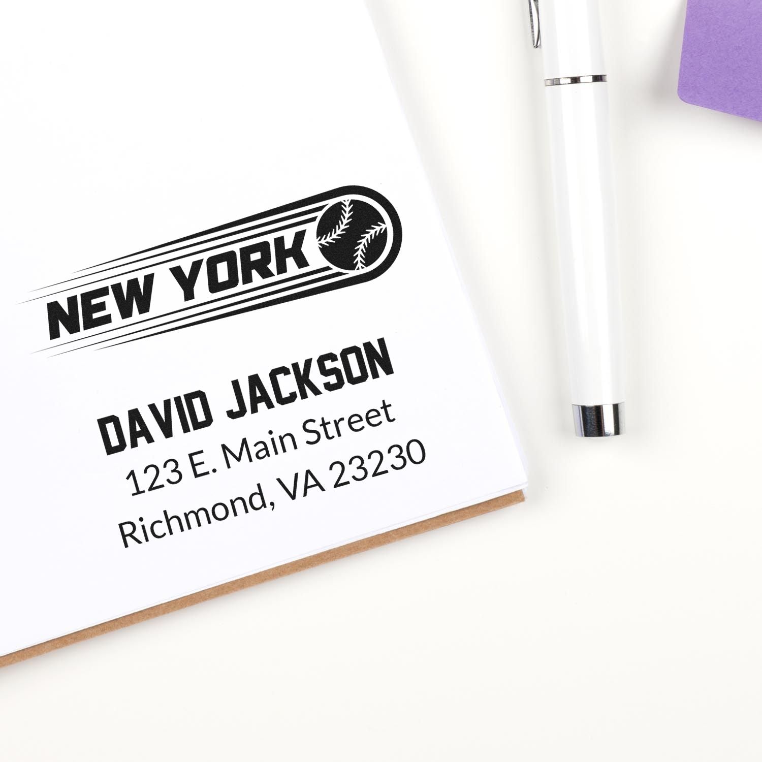 Custom baseball address rubber stamp for David Jackson, New York design with name, street address, and Richmond, VA.