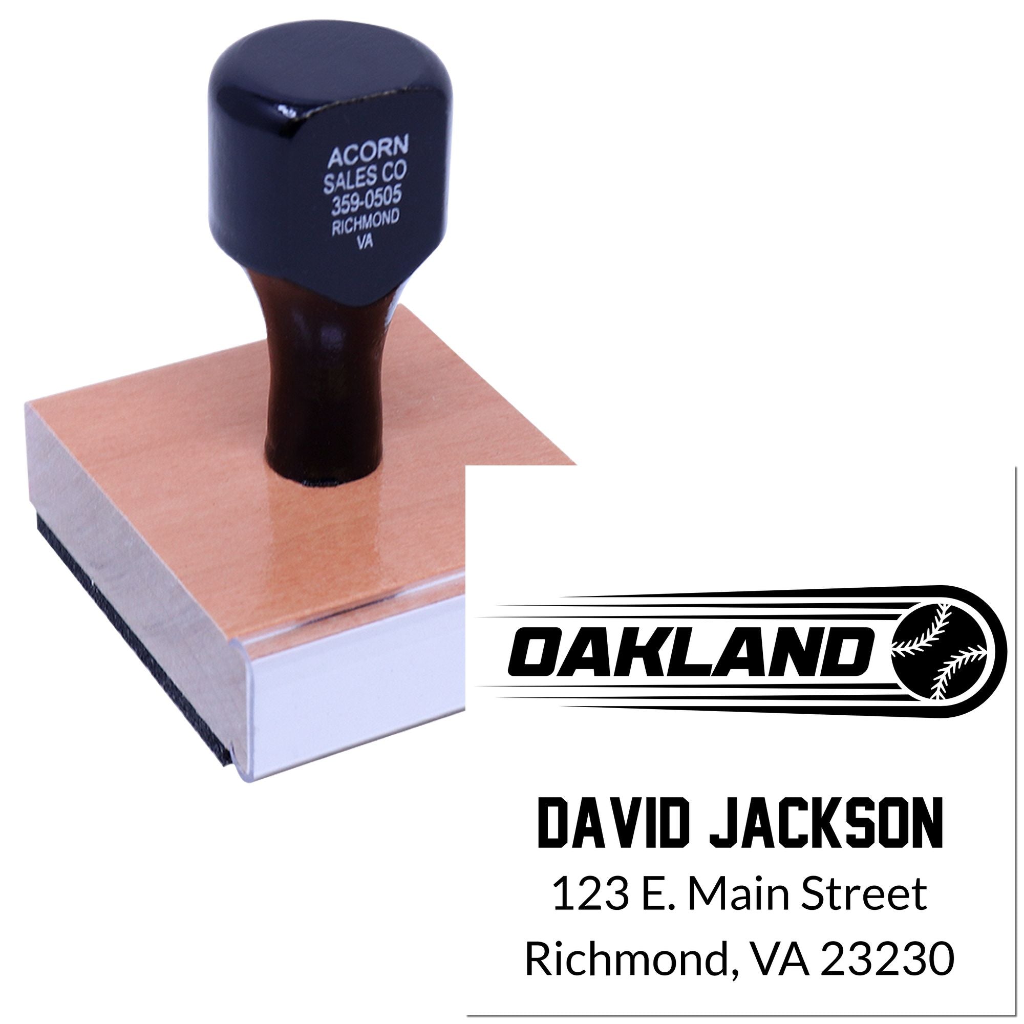 Custom baseball return address rubber stamp with logo, name, and Richmond, VA address for mailing.