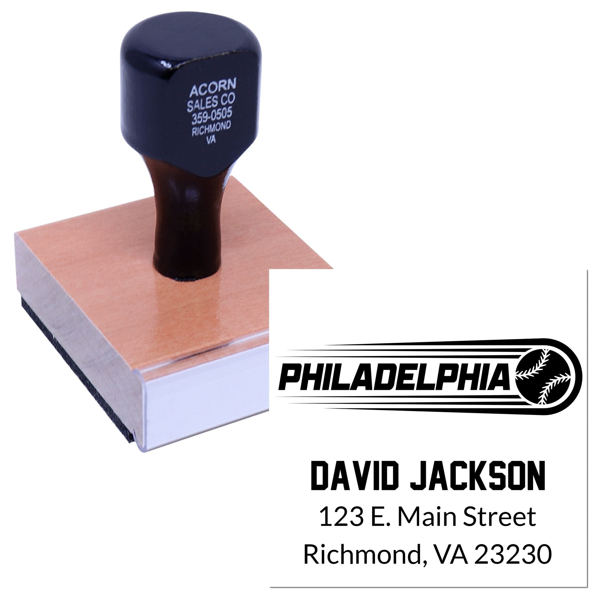 Custom rubber stamp with Philadelphia baseball logo and return address for David Jackson, ideal for mailing envelopes.