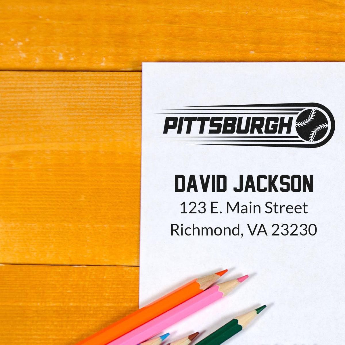 Personalized baseball address rubber stamp proof with Pittsburgh logo, name, street address, and colored pencils