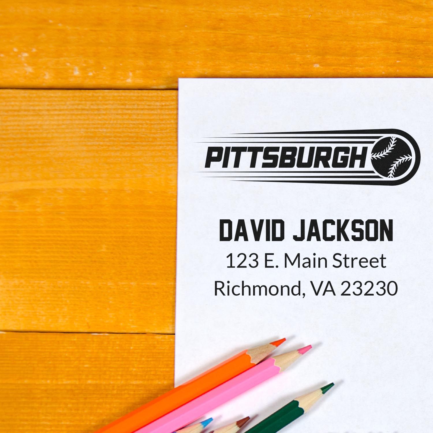 Custom Pittsburgh baseball address rubber stamp with name and mailing address on paper