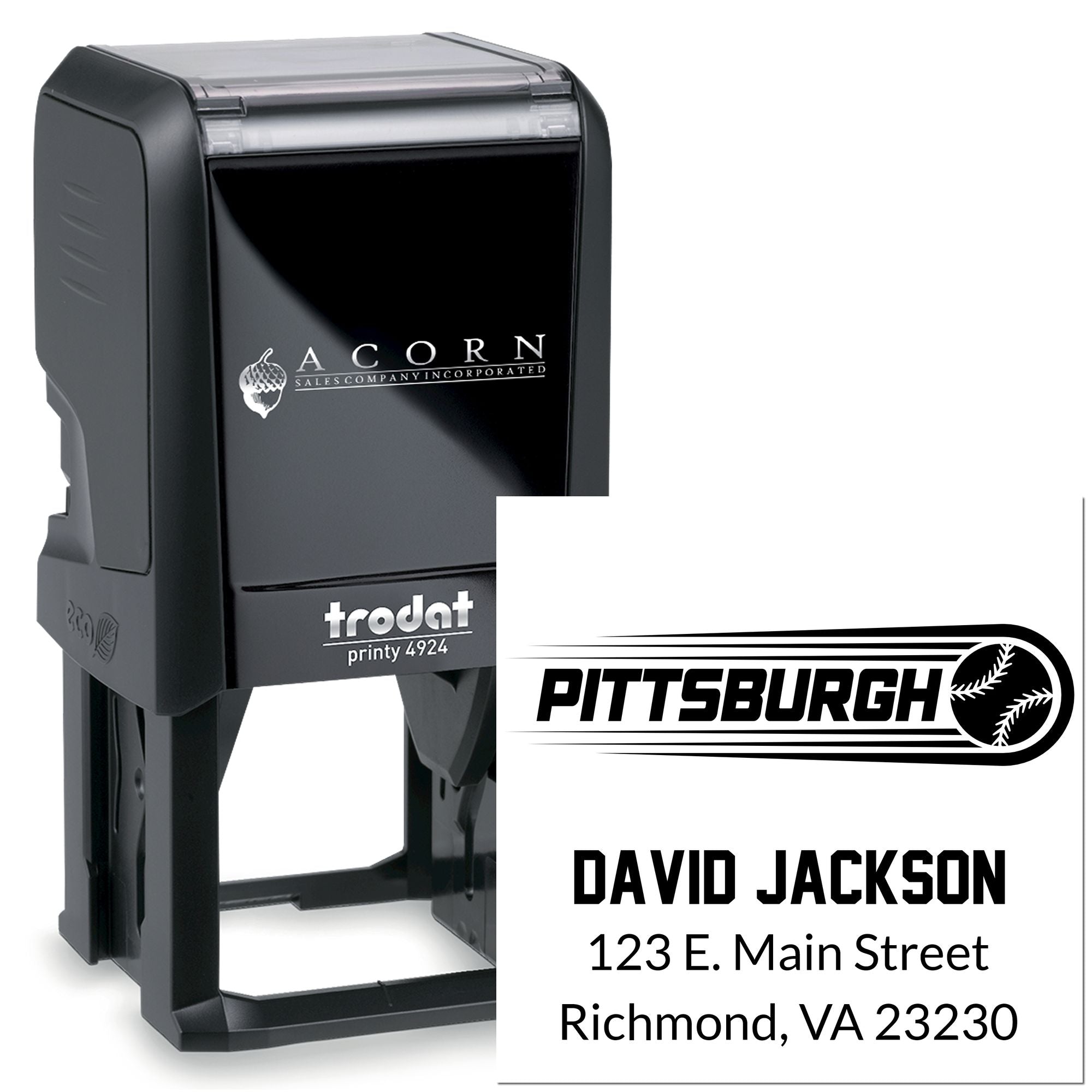 Custom Trodat self-inking return address stamp with logo for business mailing and branding.