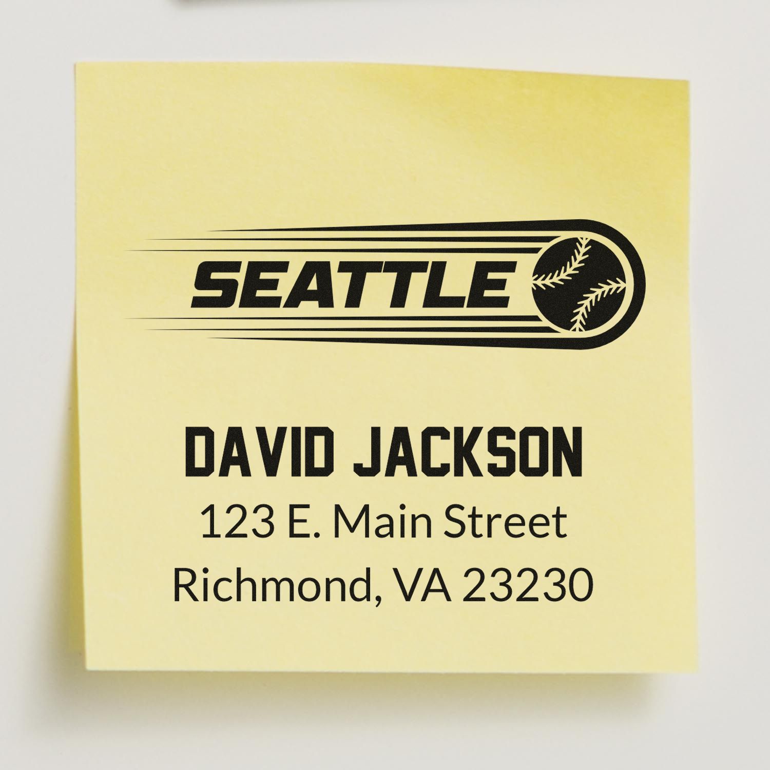 Custom baseball return address rubber stamp with Seattle logo, David Jackson name, and Richmond, VA mailing address