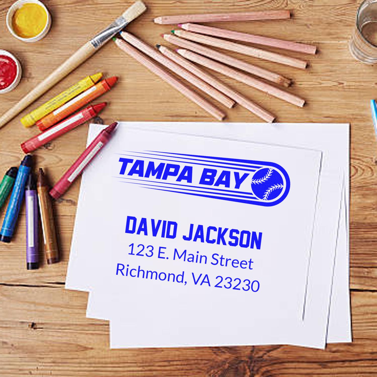 Personalized baseball address rubber stamp impression for David Jackson, with Tampa Bay logo and Richmond, VA address.