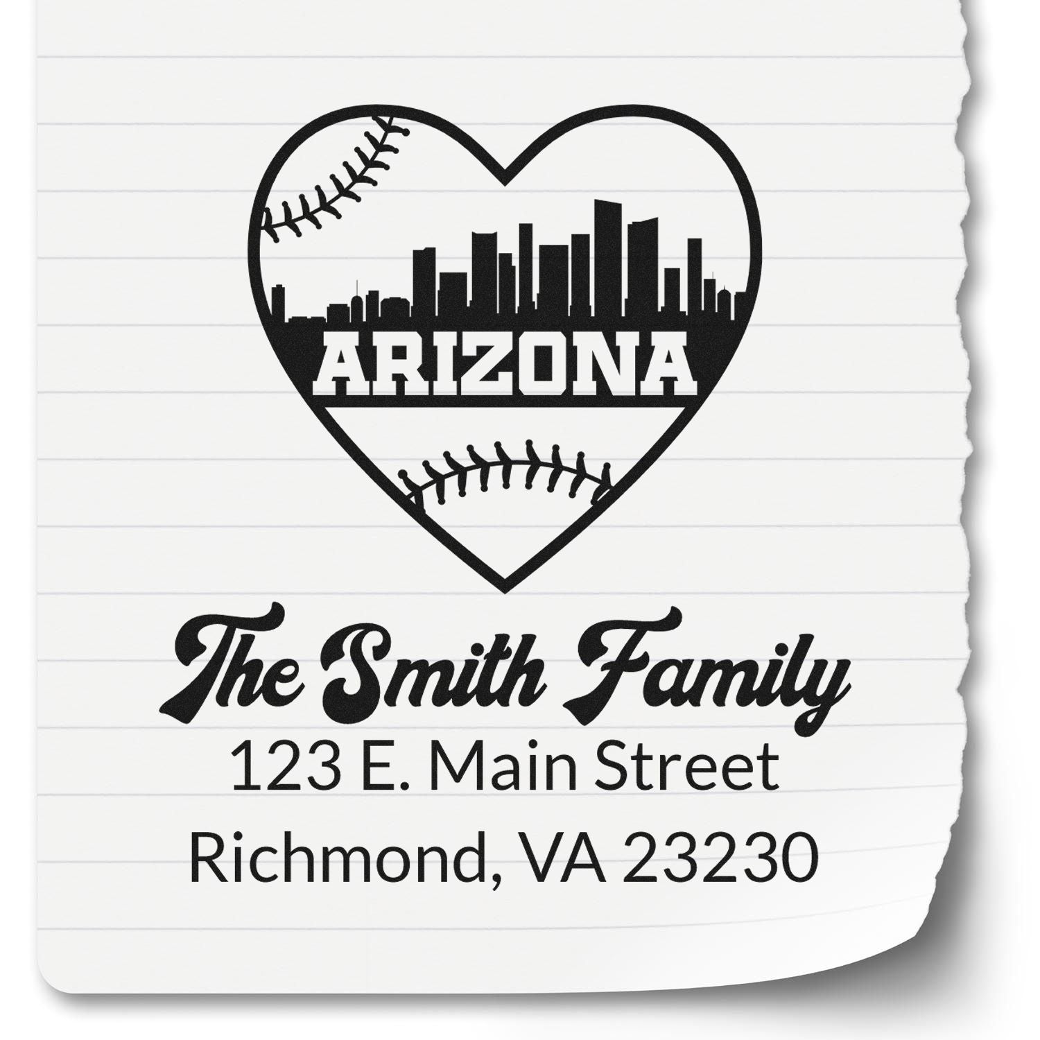Custom Arizona baseball heart family return address rubber stamp with skyline, The Smith Family, Richmond, VA 23230