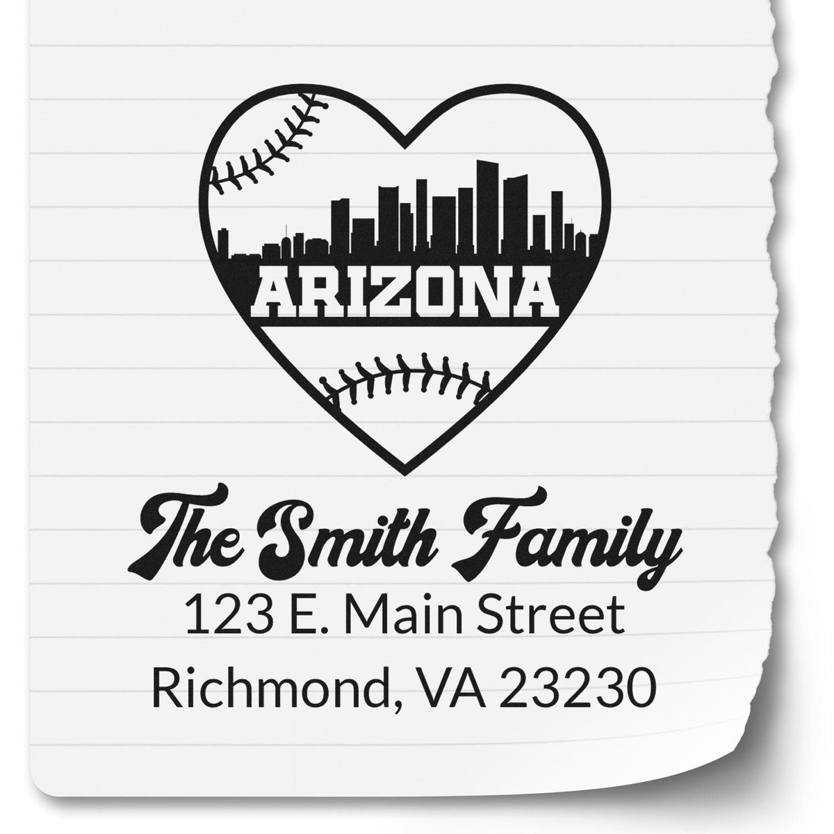 Custom Arizona baseball heart rubber stamp with skyline, The Smith Family return address, Richmond, VA 23230.