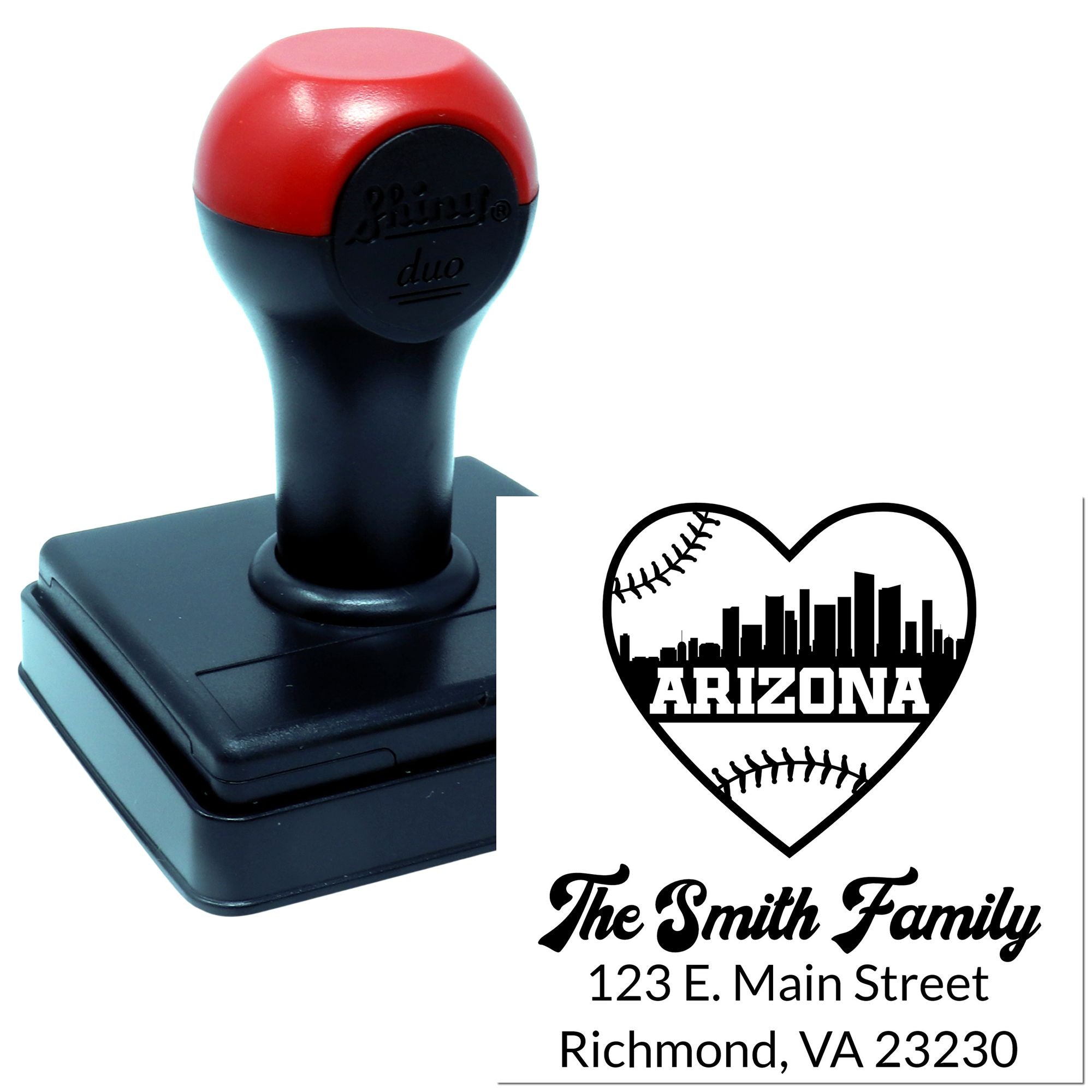 Custom self-inking address stamp with Arizona heart baseball design, The Smith Family name, and Richmond, VA return address.