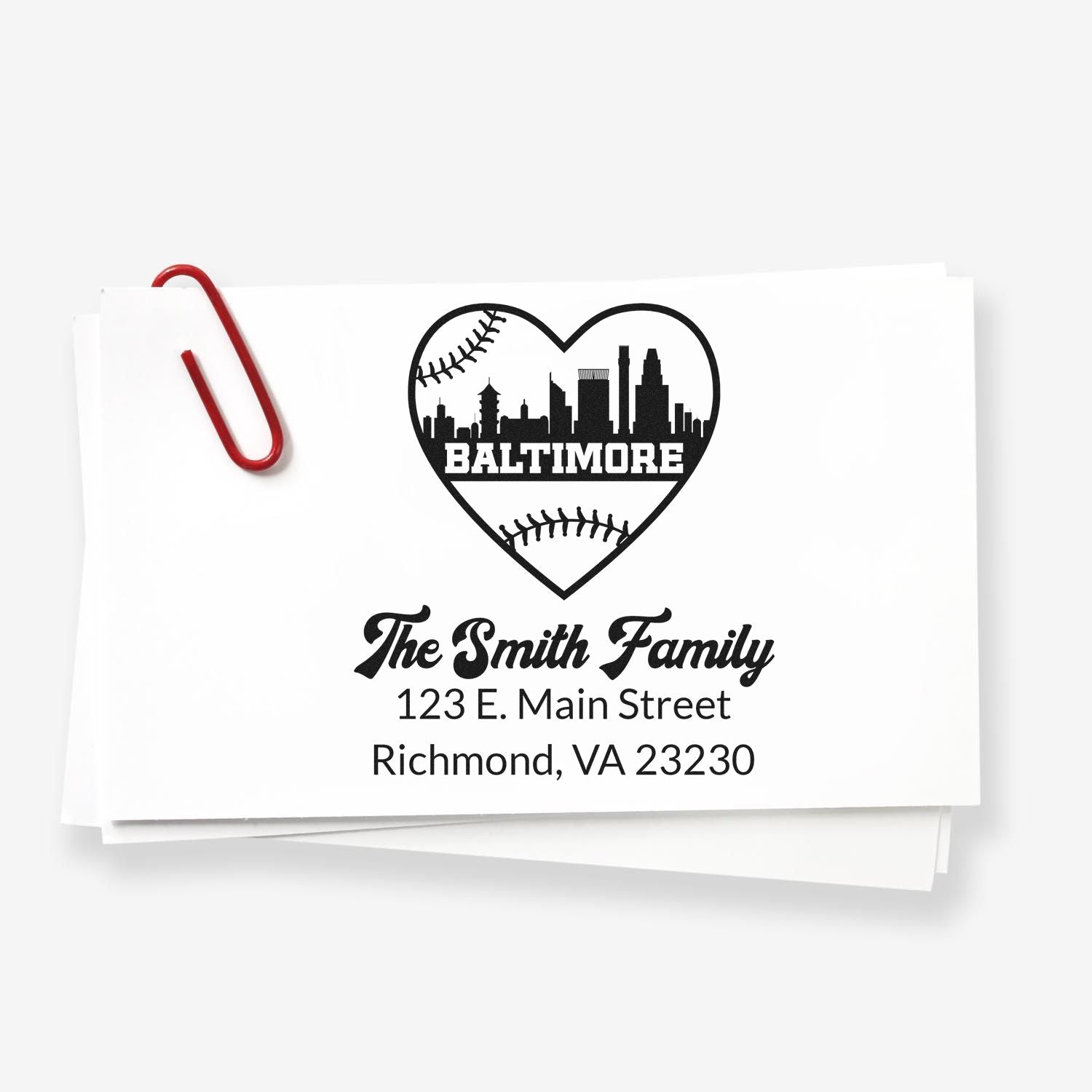 Personalized family address rubber stamp with Baltimore skyline heart, baseball accents, and return address for The Smith Family
