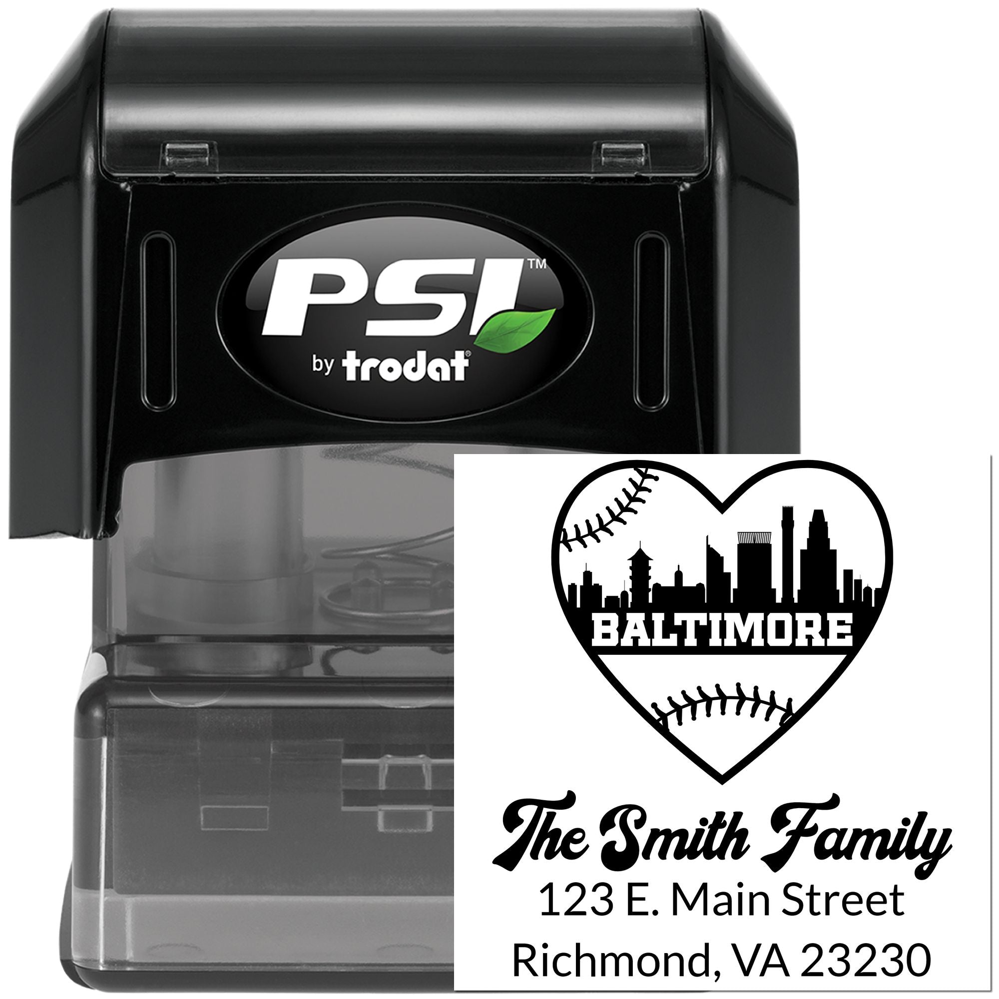 PSI by Trodat custom self-inking rubber stamp with Baltimore baseball heart logo, family name, and address for personalized mailing.