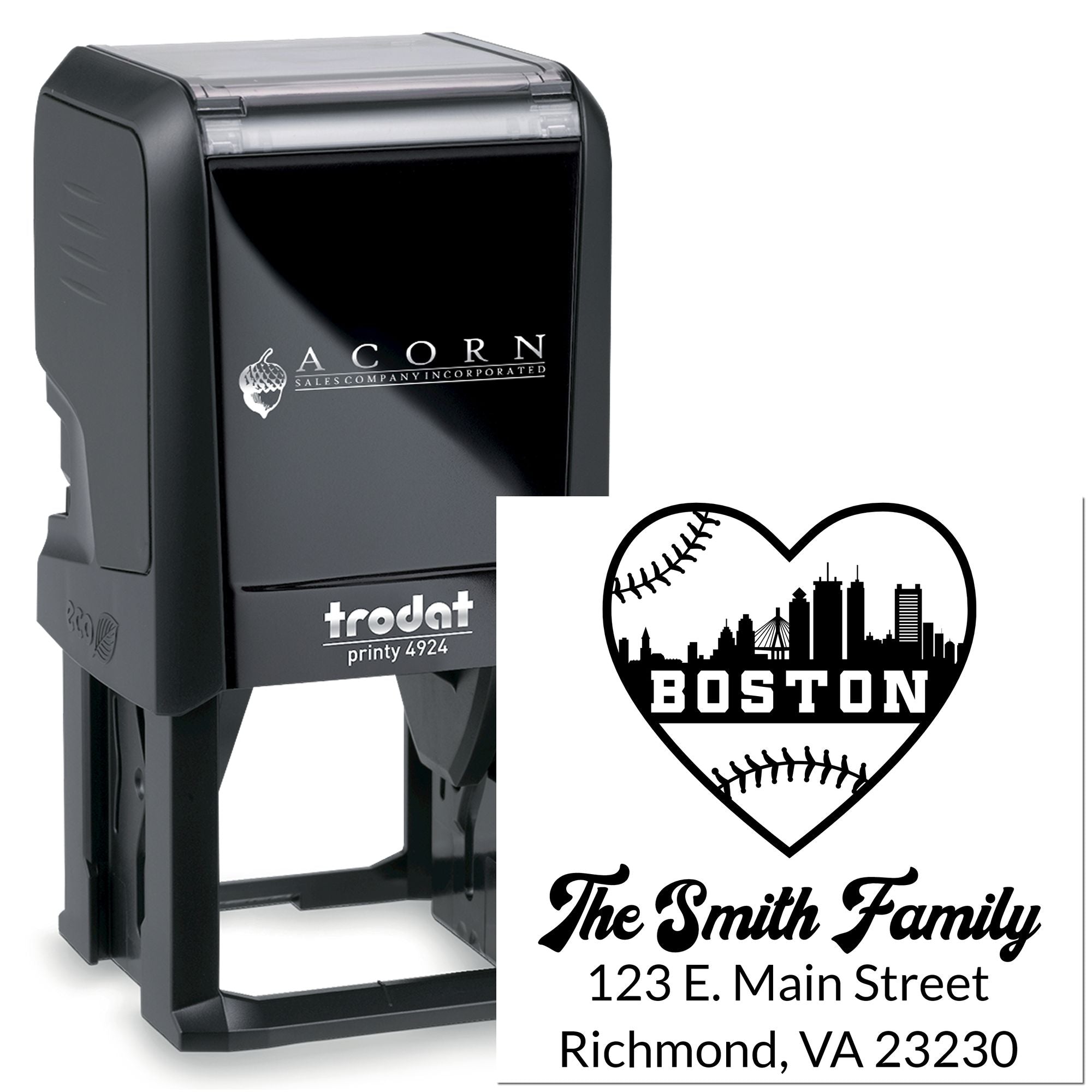 Trodat self-inking rubber stamp with custom Boston baseball heart and family address imprint for personalized mail