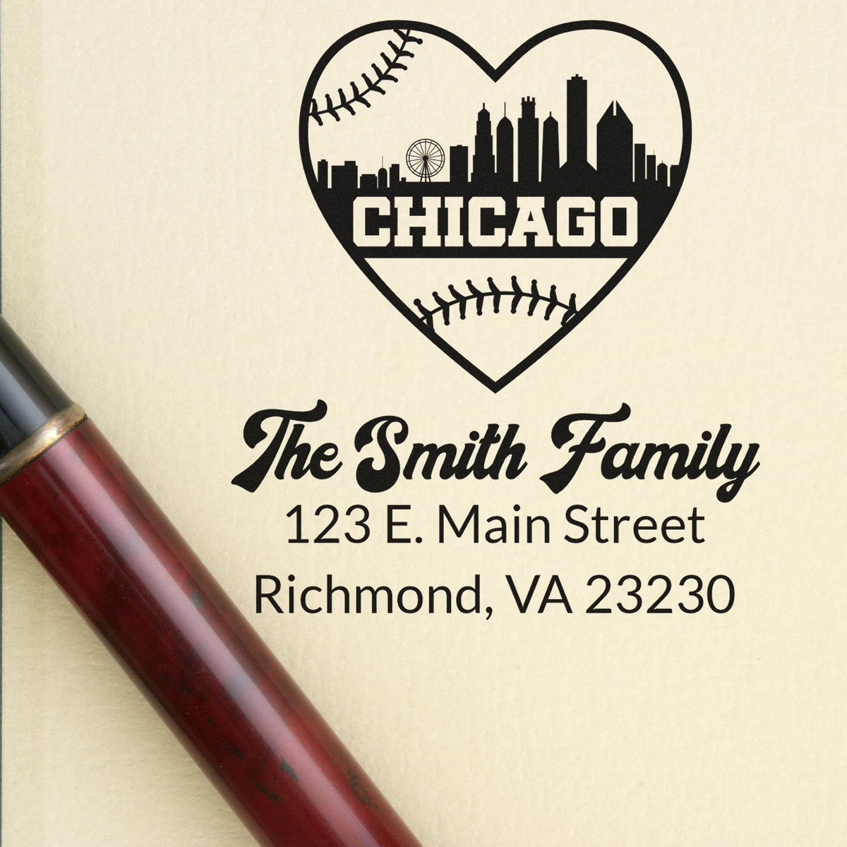 Custom Chicago baseball heart skyline return address stamp for The Smith Family, Richmond VA 23230.