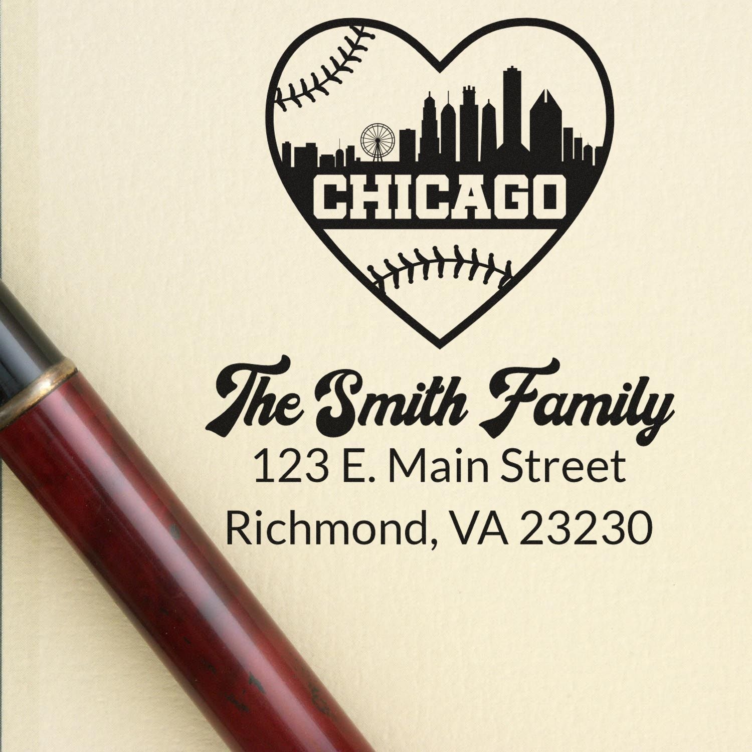 Custom Chicago baseball heart skyline return address rubber stamp for The Smith Family, Richmond, VA 23230.