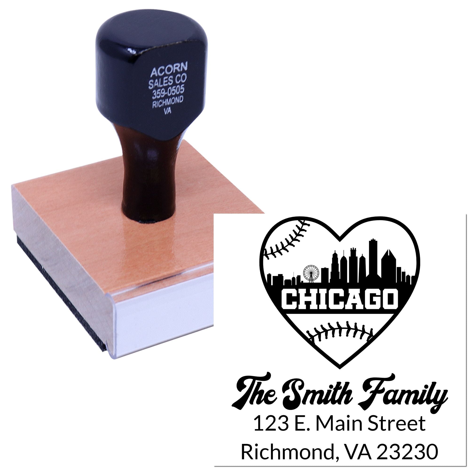Custom rubber stamp with Chicago baseball heart design, family name, and address for personalized return mailing.