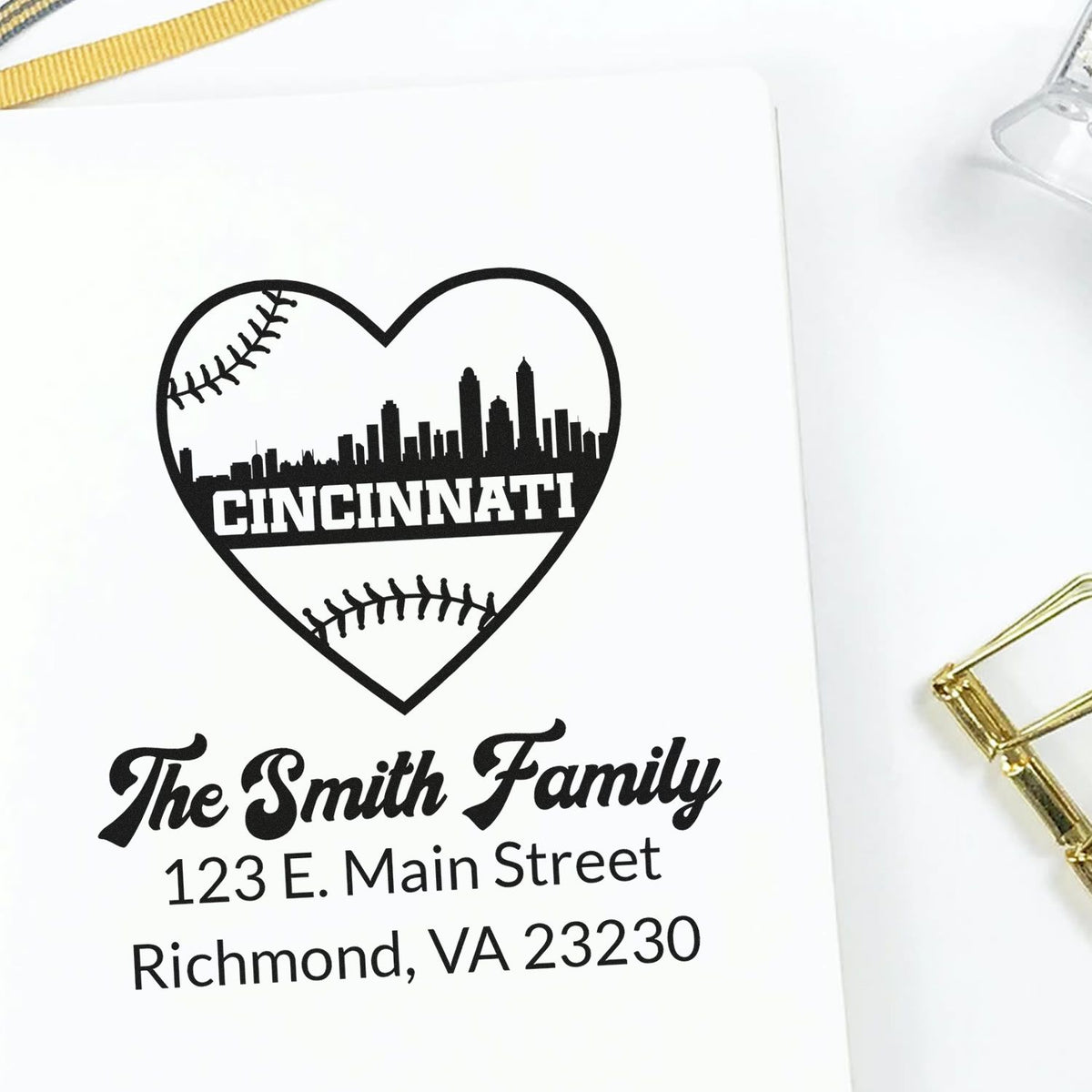 Personalized family return address rubber stamp with Cincinnati baseball heart skyline design.