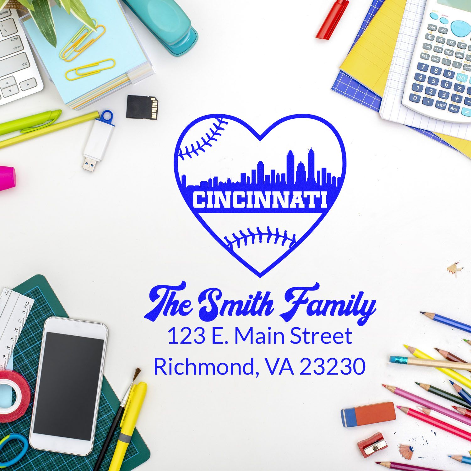 Custom Cincinnati baseball heart address rubber stamp for The Smith Family, with personalized name and Richmond, VA address.