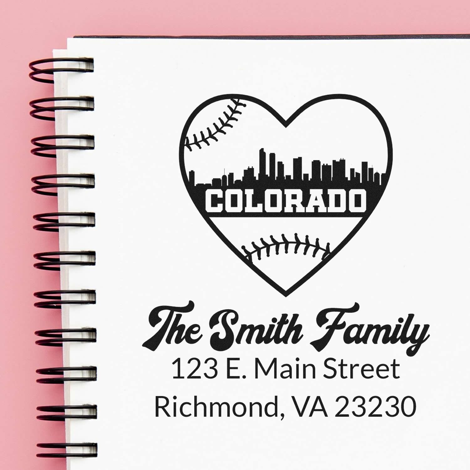 Custom return address rubber stamp for The Smith Family with Colorado baseball heart design and Richmond, VA address.