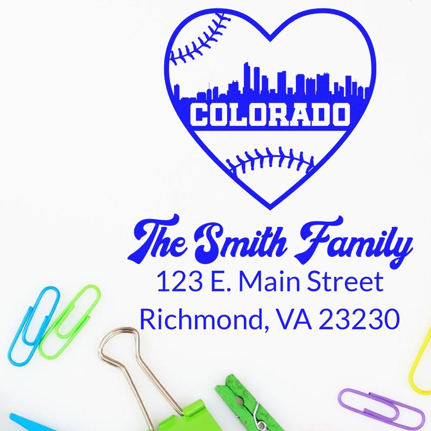 Custom Colorado family return address rubber stamp with heart skyline and baseball design for The Smith Family in Richmond, VA